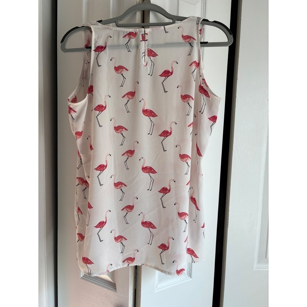 LOFT Flamingo Print Ruffle Neck Blouse Tank Top Size M Pink White - Picture 5 of 5